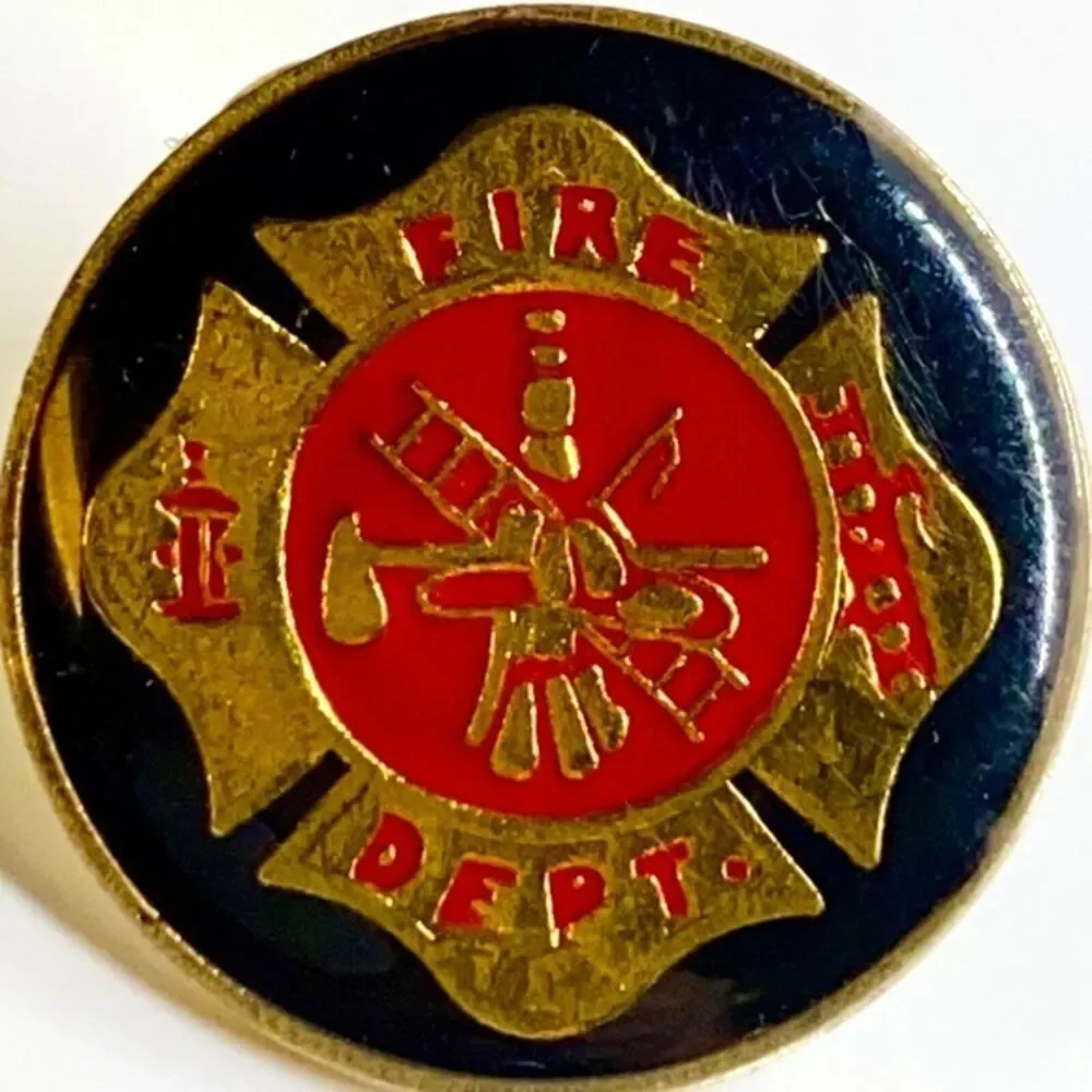 Vintage Fire‎ dept lapel pin 80's red black & gold hat pin jacket vest pin